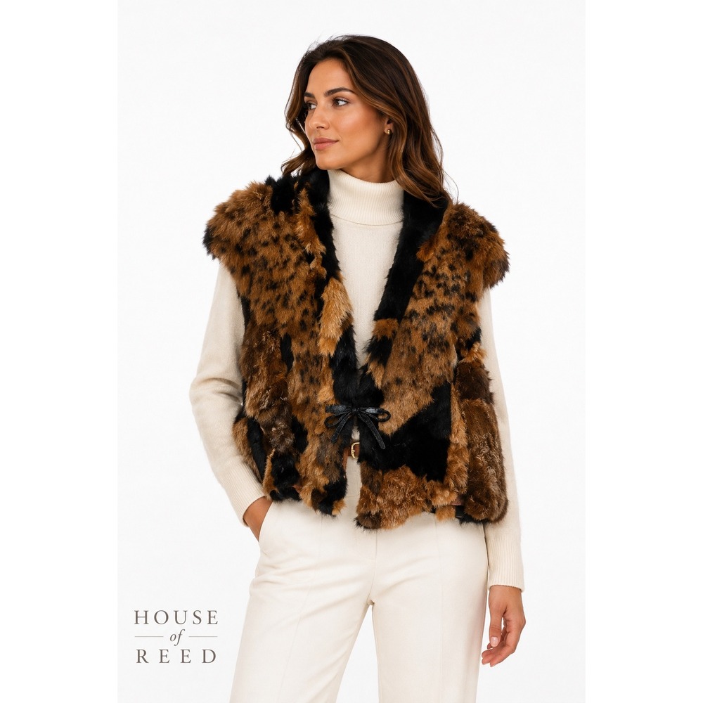 House of Reed Women Rabbit Fur Vest Leopard Animal Print Brown Black Tie Front L